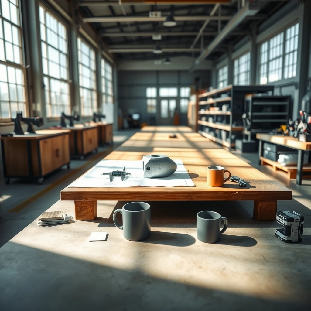 Fotografía editorial de un taller o centro tecnológico amplio y luminoso, con mesas de trabajo de madera, componentes mecánicos, herramientas de medición, tazas de café y grandes ventanales al fondo.