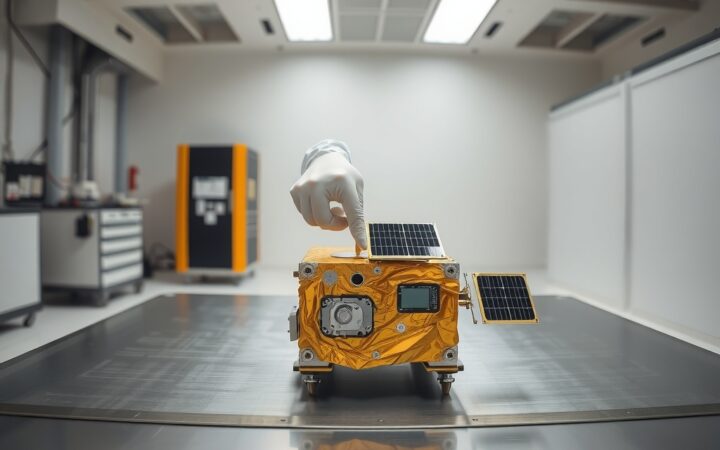 Fotografía editorial de un nanosatélite compacto recubierto de aislamiento térmico dorado con paneles solares desplegados, colocado sobre una mesa de pruebas en un laboratorio limpio.