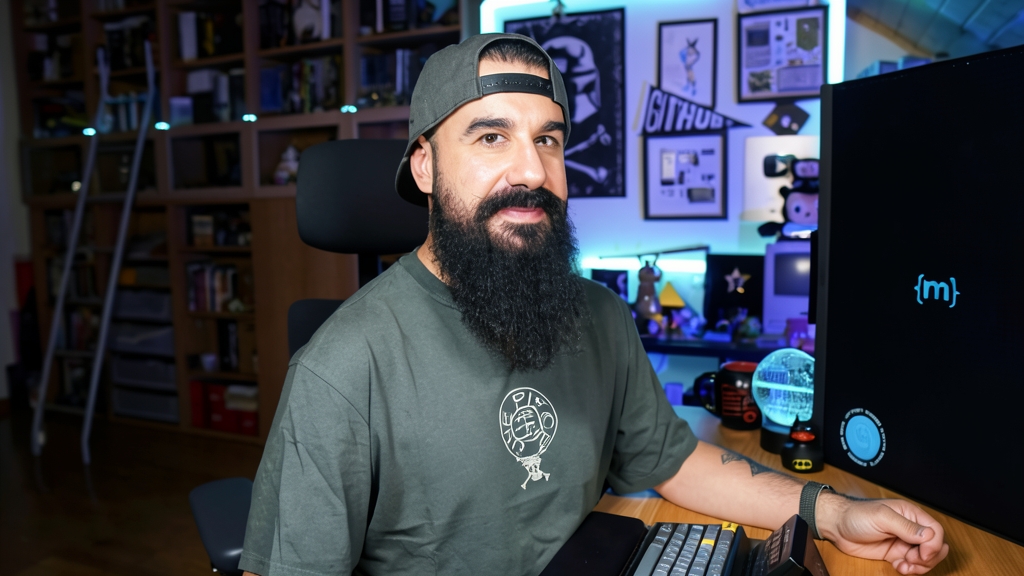 Fotografía editorial de Brais Moure sonriendo con barba poblada y gorra verde en su espacio de trabajo tecnológico.