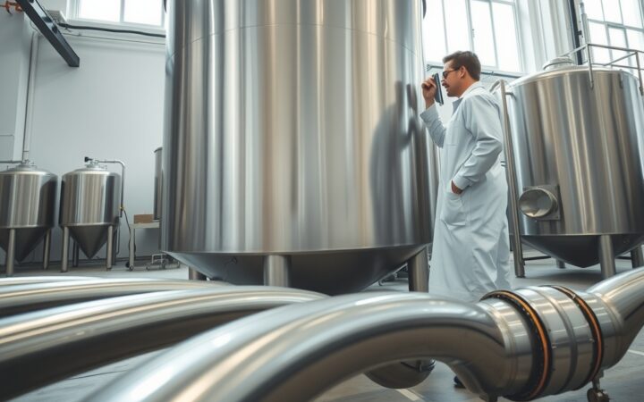 Operario con bata blanca inspeccionando un gran tanque de acero inoxidable en una moderna planta industrial de procesamiento de alimentos con tuberías metálicas en primer plano.