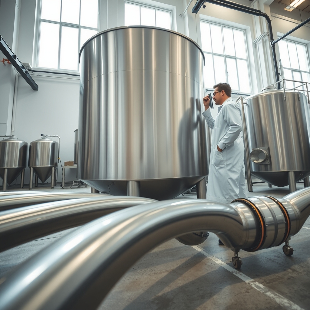 Operario con bata blanca inspeccionando un gran tanque de acero inoxidable en una moderna planta industrial de procesamiento de alimentos con tuberías metálicas en primer plano.