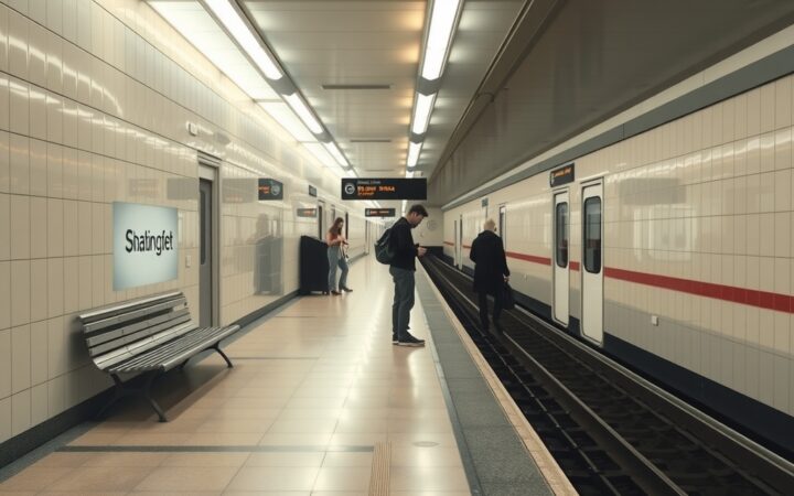 Fotografía realista de una estación de metro con andén, vías, un banco, carteles publicitarios y pasajeros esperando junto a un tren detenido.