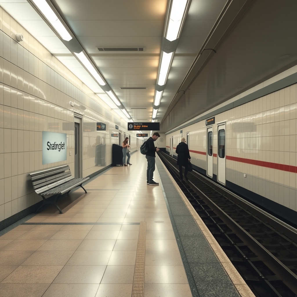 Fotografía realista de una estación de metro con andén, vías, un banco, carteles publicitarios y pasajeros esperando junto a un tren detenido.