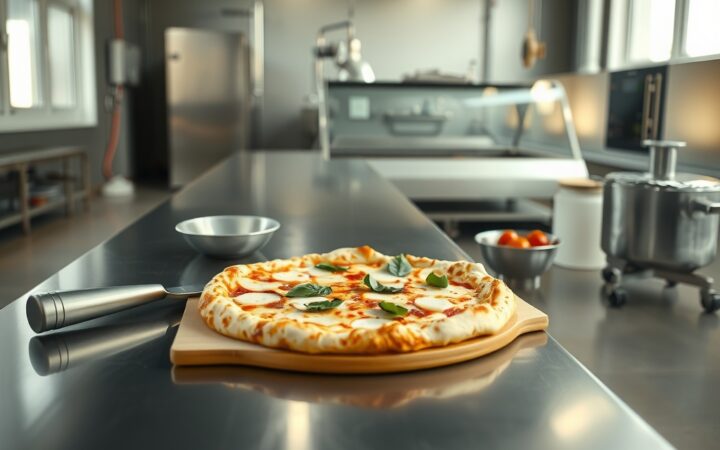 Una pizza recién horneada con mozzarella y albahaca sobre una tabla de madera en una encimera de acero inoxidable de una cocina industrial profesional.
