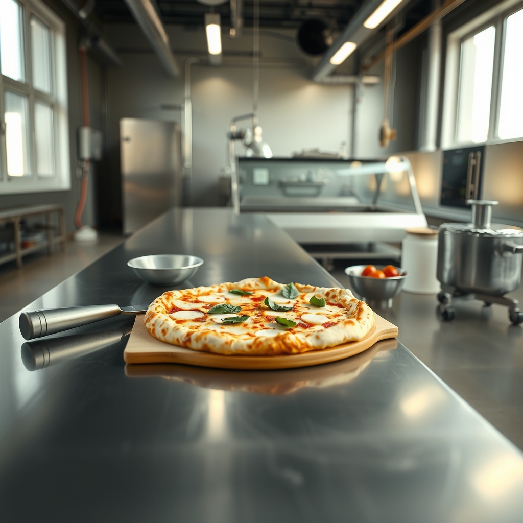Una pizza recién horneada con mozzarella y albahaca sobre una tabla de madera en una encimera de acero inoxidable de una cocina industrial profesional.