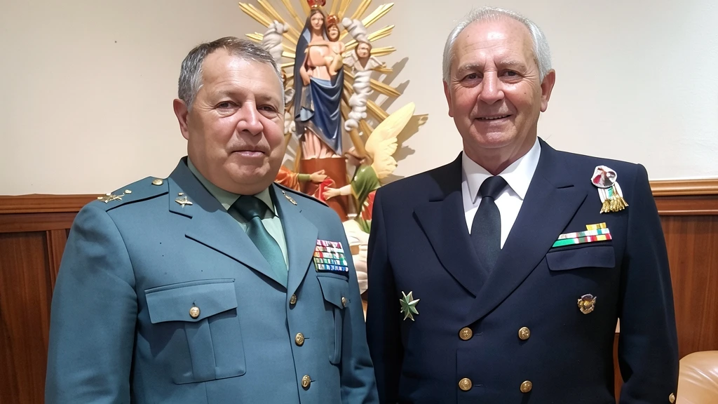 Dos hombres con uniformes militares posan juntos en una estancia interior con una escultura religiosa al fondo.