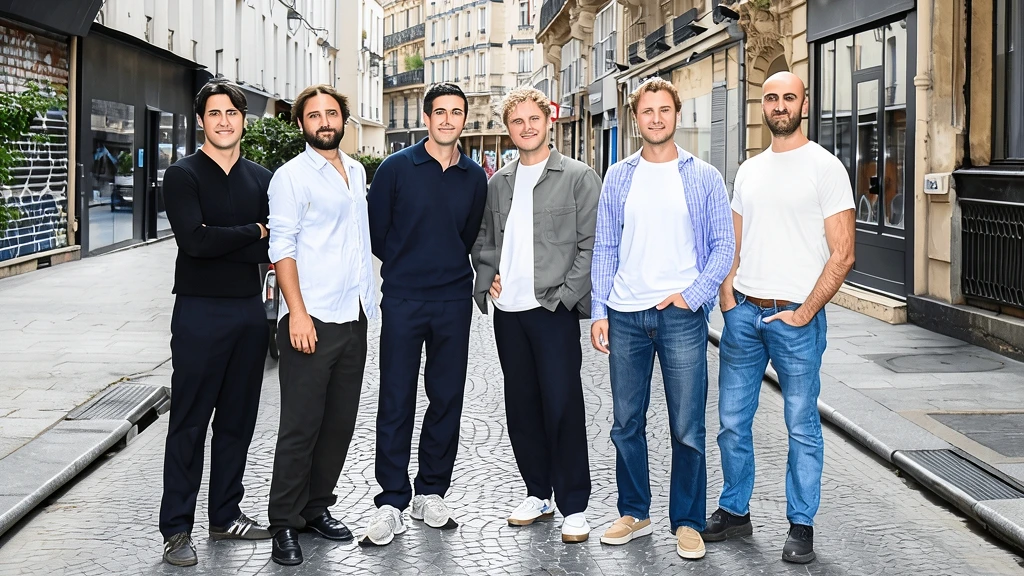 Fotografía editorial de grupo de seis hombres fundadores de la startup Vessla de pie en una calle adoquinada urbana europea.
